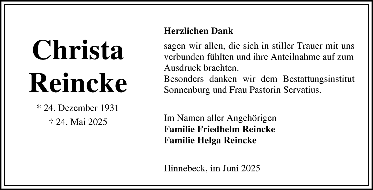 Traueranzeige von Christa Reincke von Die Norddeutsche