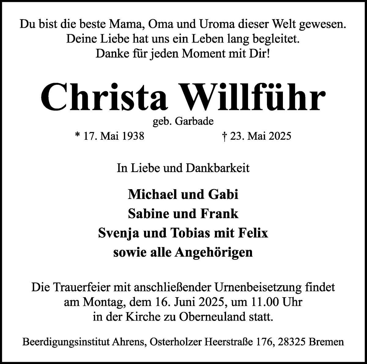 Traueranzeige von Christa Willführ von WESER-KURIER