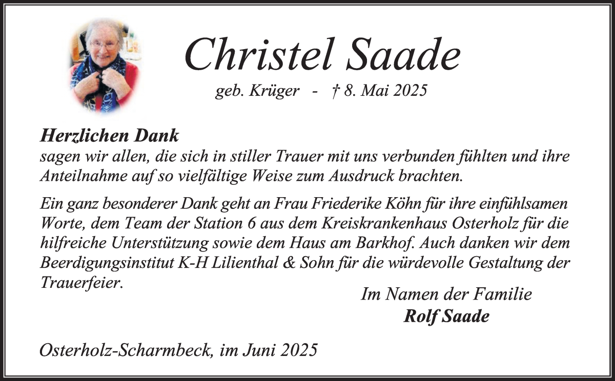 Traueranzeige von Christel Saade von Osterholzer Kreisblatt