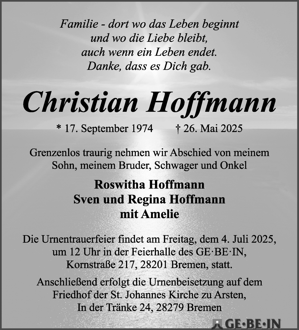 Traueranzeige von Christian Hoffmann von WESER-KURIER