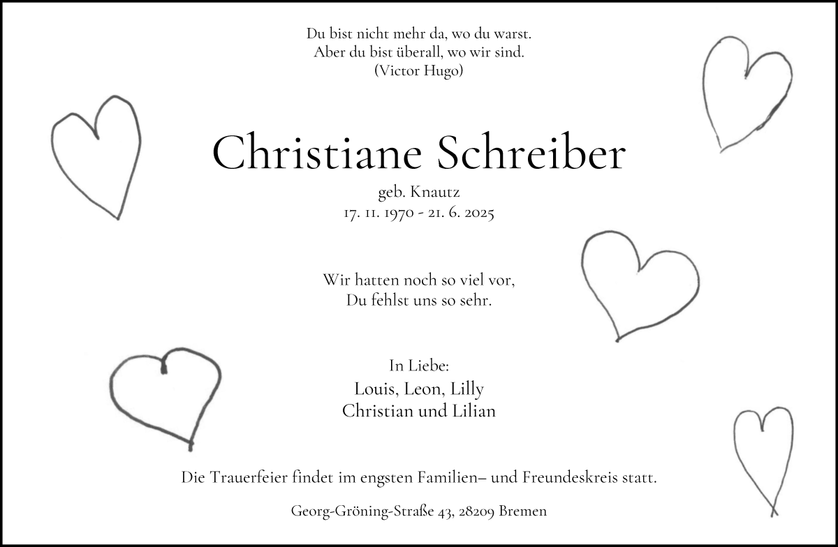 Traueranzeige von Christiane Schreiber von WESER-KURIER