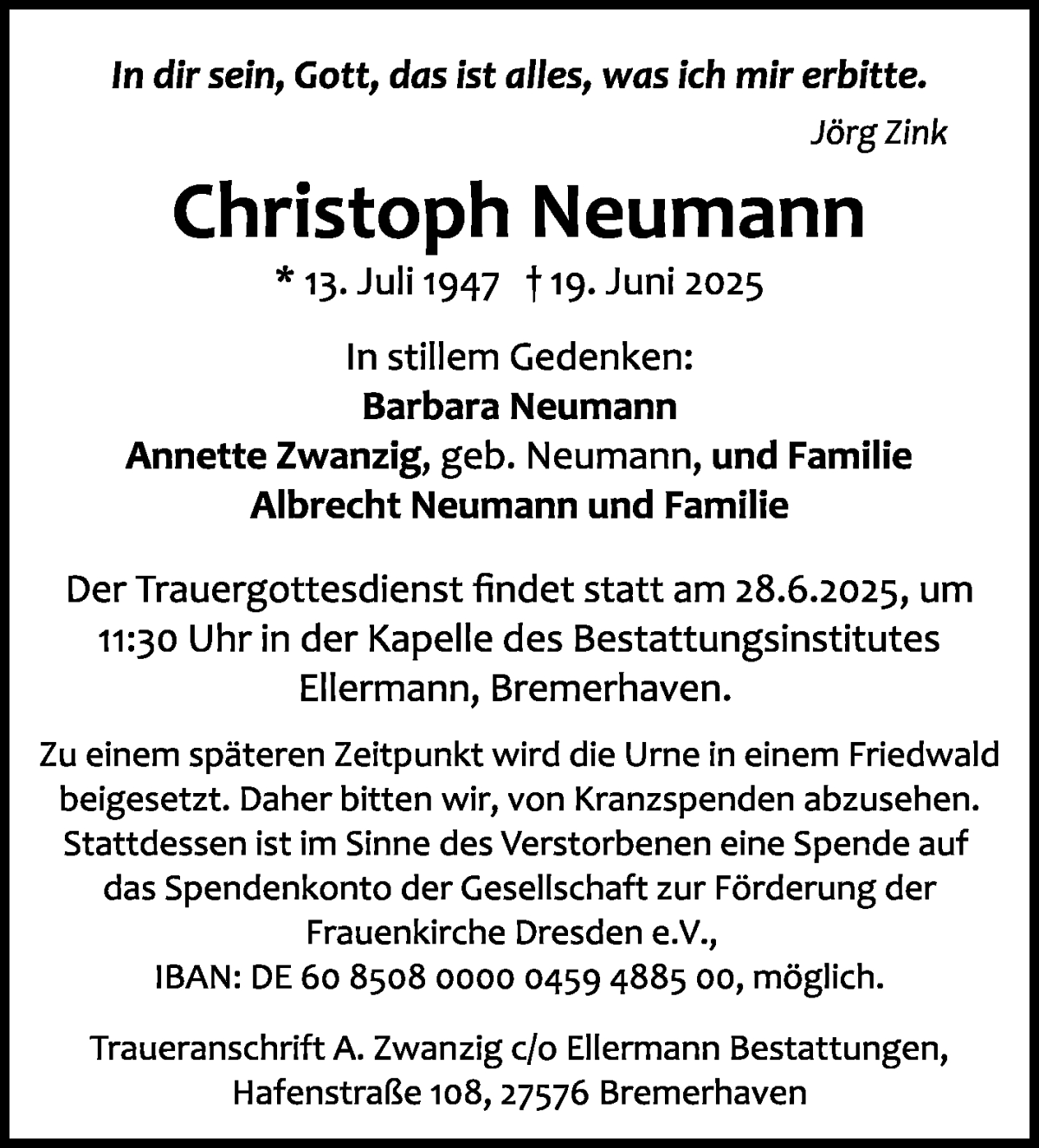 Traueranzeige von Christoph Neumann von WESER-KURIER
