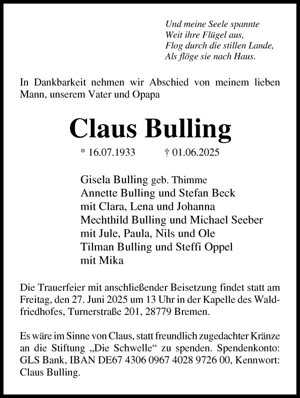 Traueranzeige von Claus Bulling von Die Norddeutsche