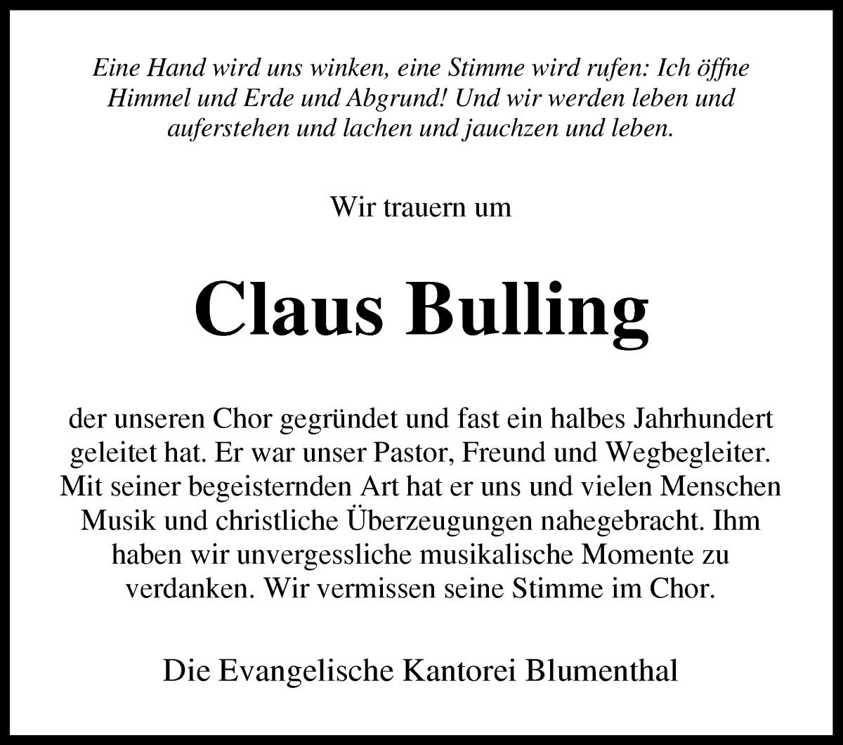 Traueranzeige von Claus Bulling von Die Norddeutsche