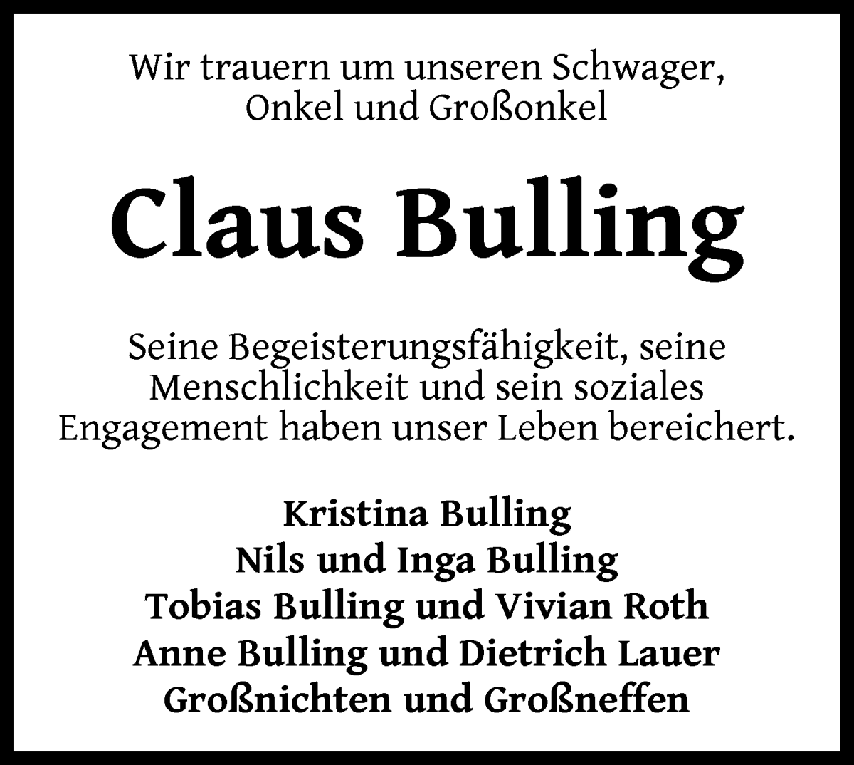 Traueranzeige von Claus Bulling von WESER-KURIER