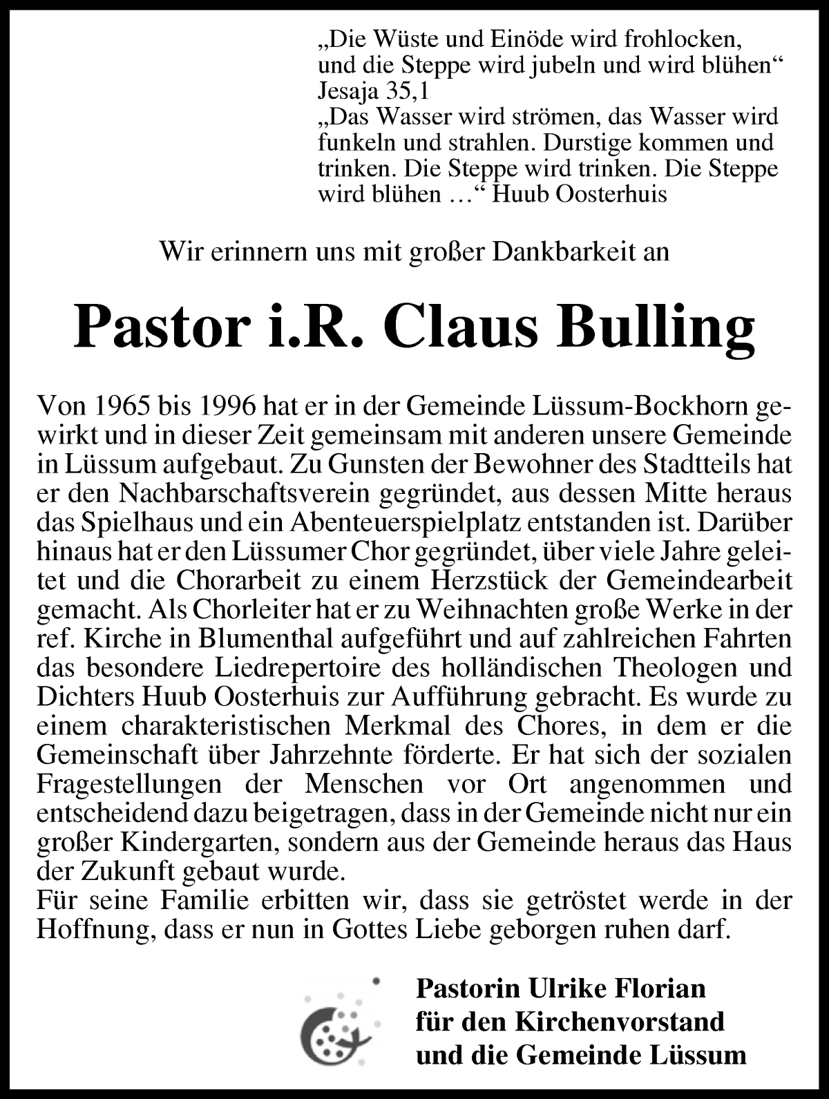 Traueranzeige von Claus Bulling von Die Norddeutsche