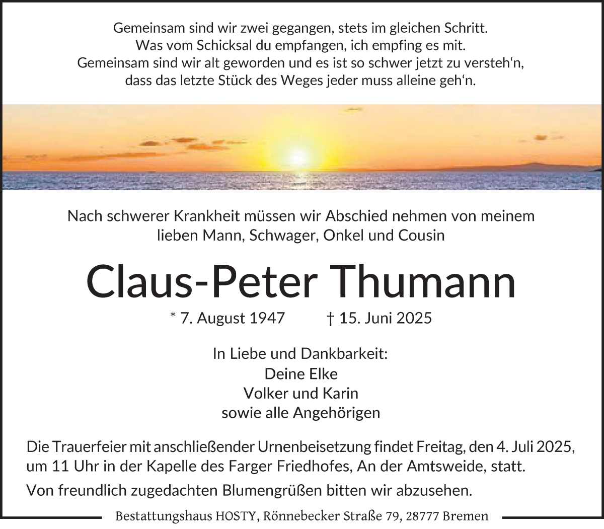 Traueranzeige von Claus-Peter Thumann von Die Norddeutsche