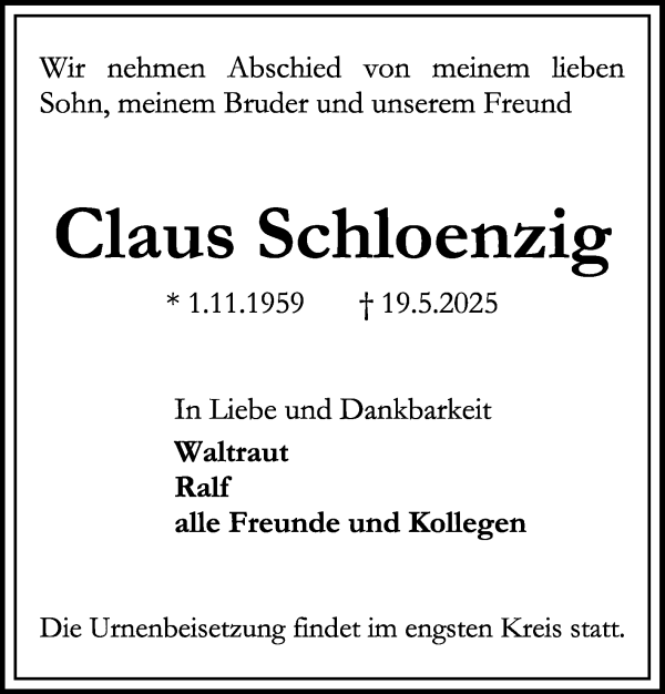 Traueranzeige von Claus Schloenzig von WESER-KURIER