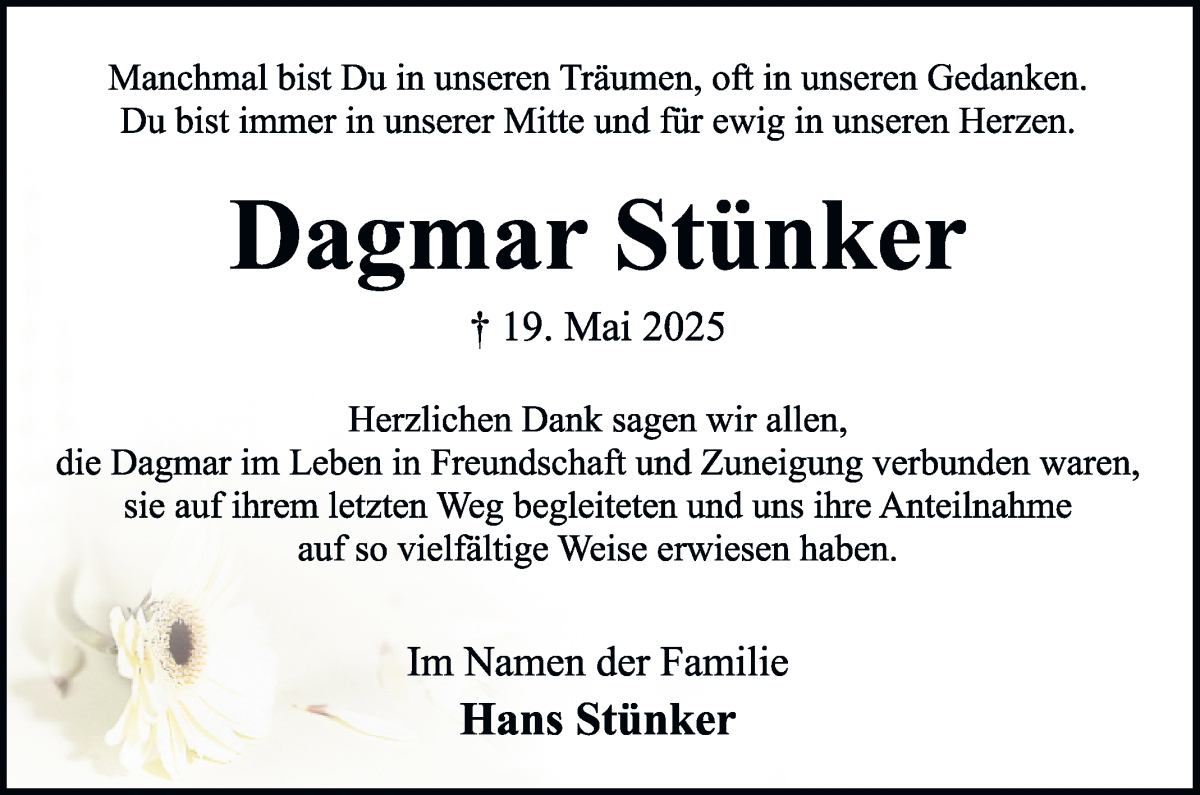 Traueranzeige von Dagmar Stünker von WESER-KURIER