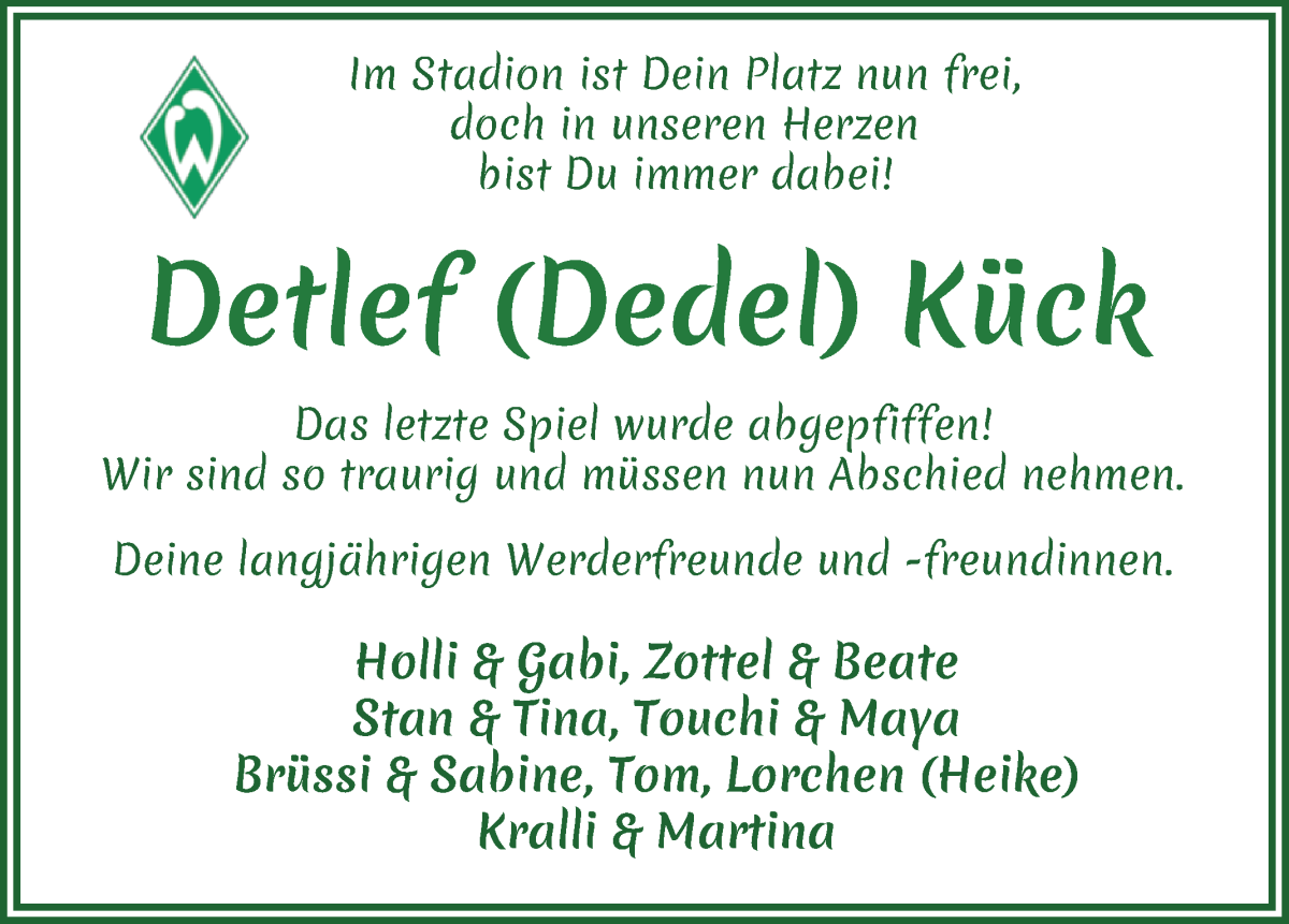 Traueranzeige von Detlef Kück von WESER-KURIER