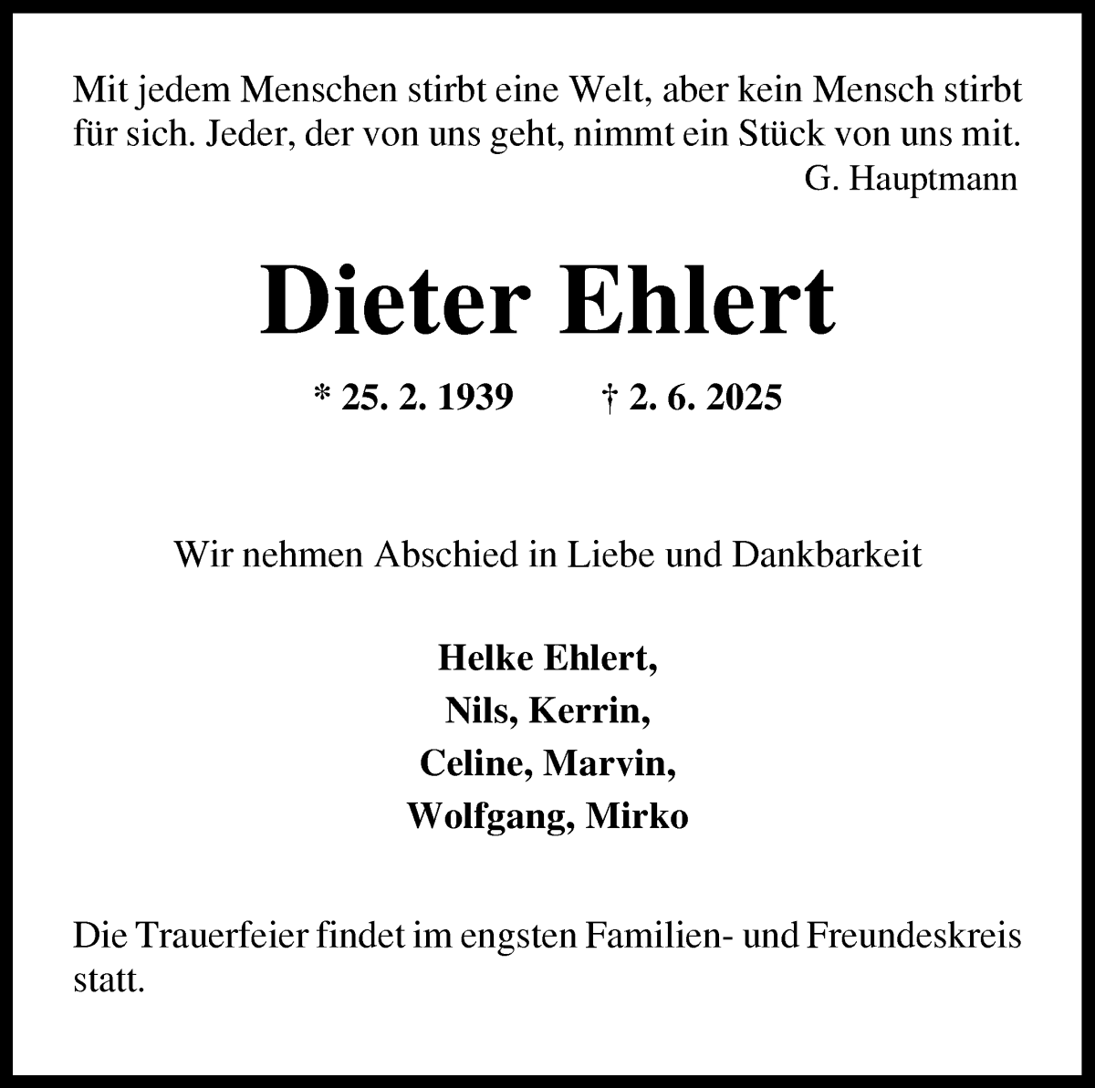 Traueranzeige von Dieter Ehlert von WESER-KURIER