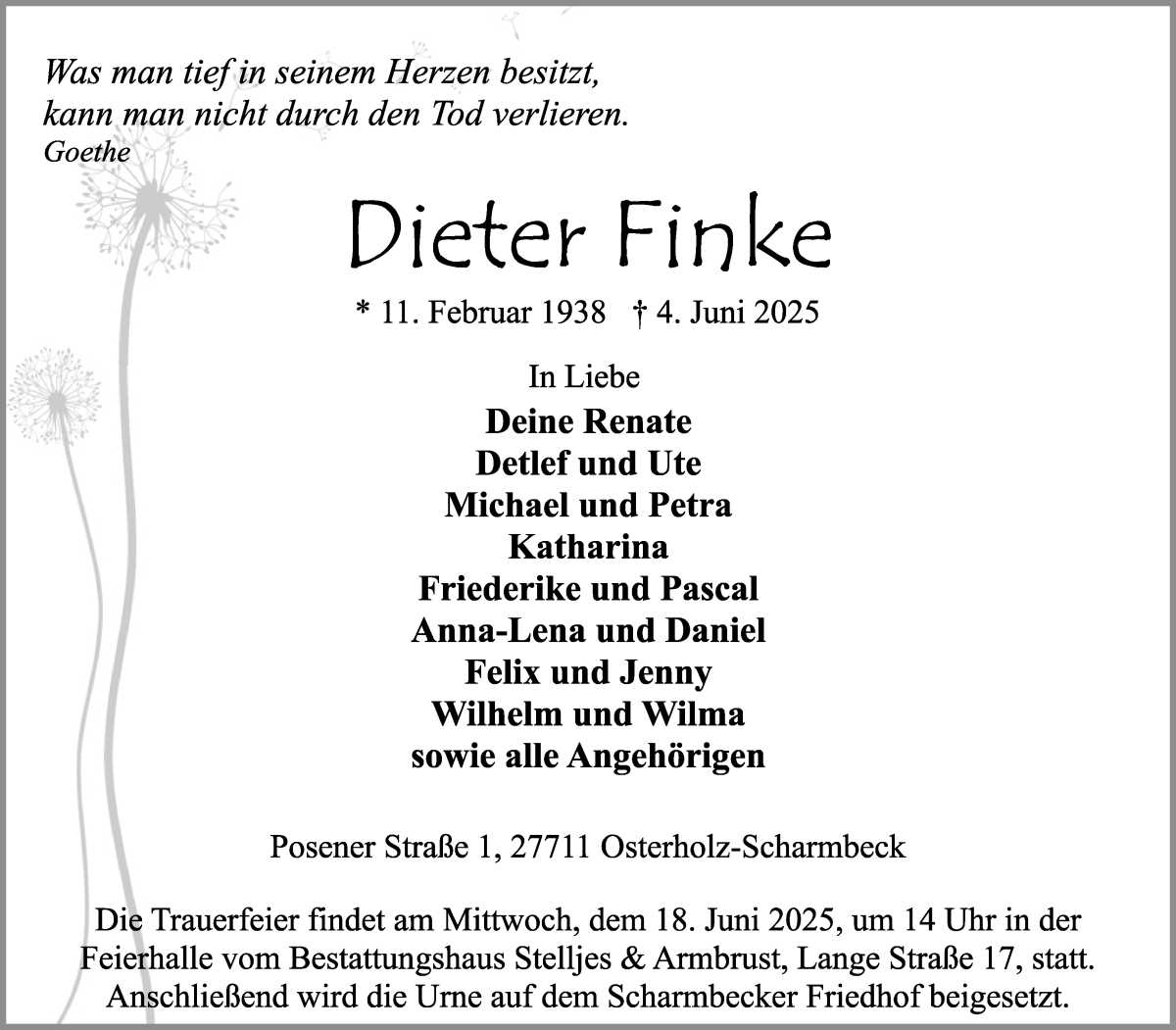 Traueranzeige von Dieter Finke von Osterholzer Kreisblatt