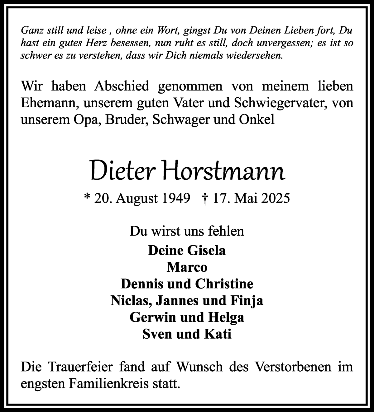 Traueranzeige von Dieter Horstmann von WESER-KURIER