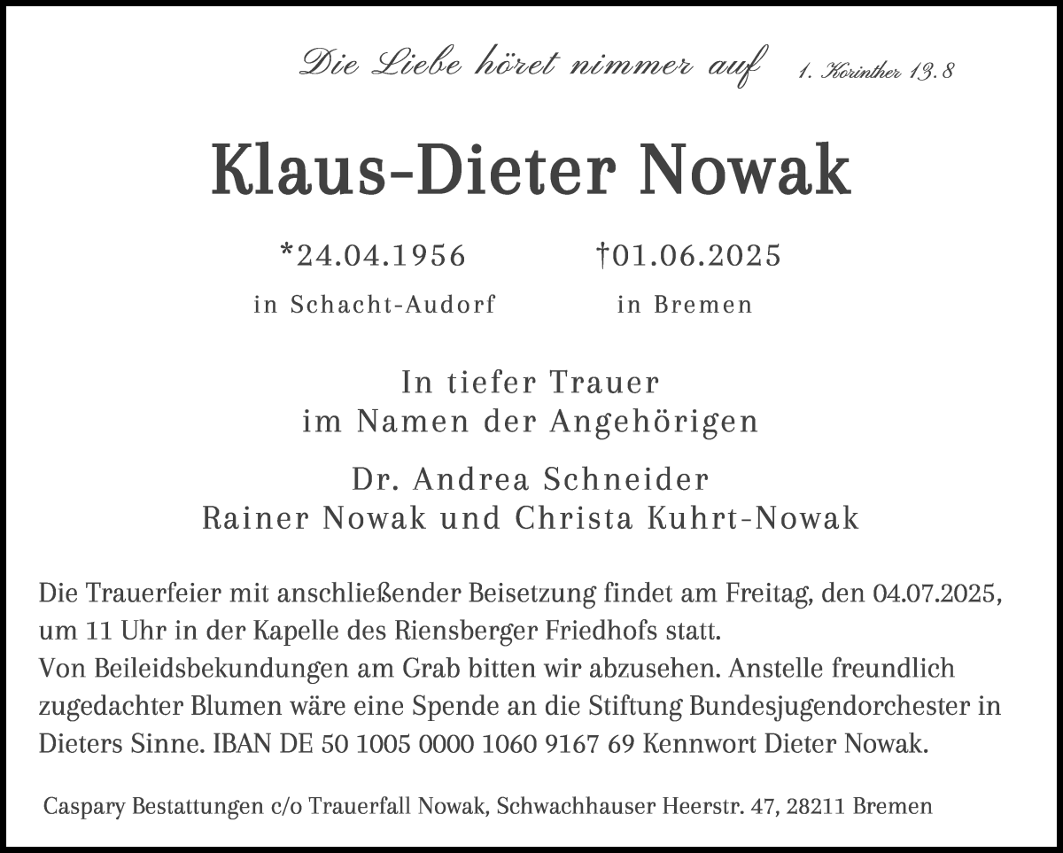 Traueranzeige von Dieter Nowak von WESER-KURIER