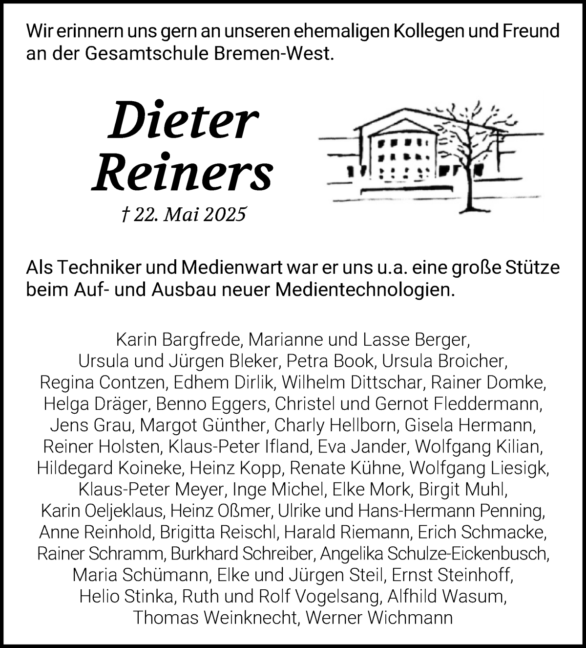 Traueranzeige von Dieter Reiners von WESER-KURIER