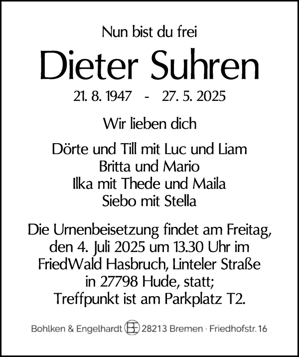 Traueranzeige von Dieter Suhren von WESER-KURIER