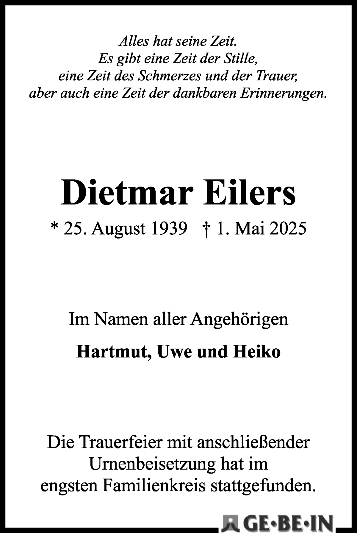 Traueranzeige von Dietmar Eilers von WESER-KURIER