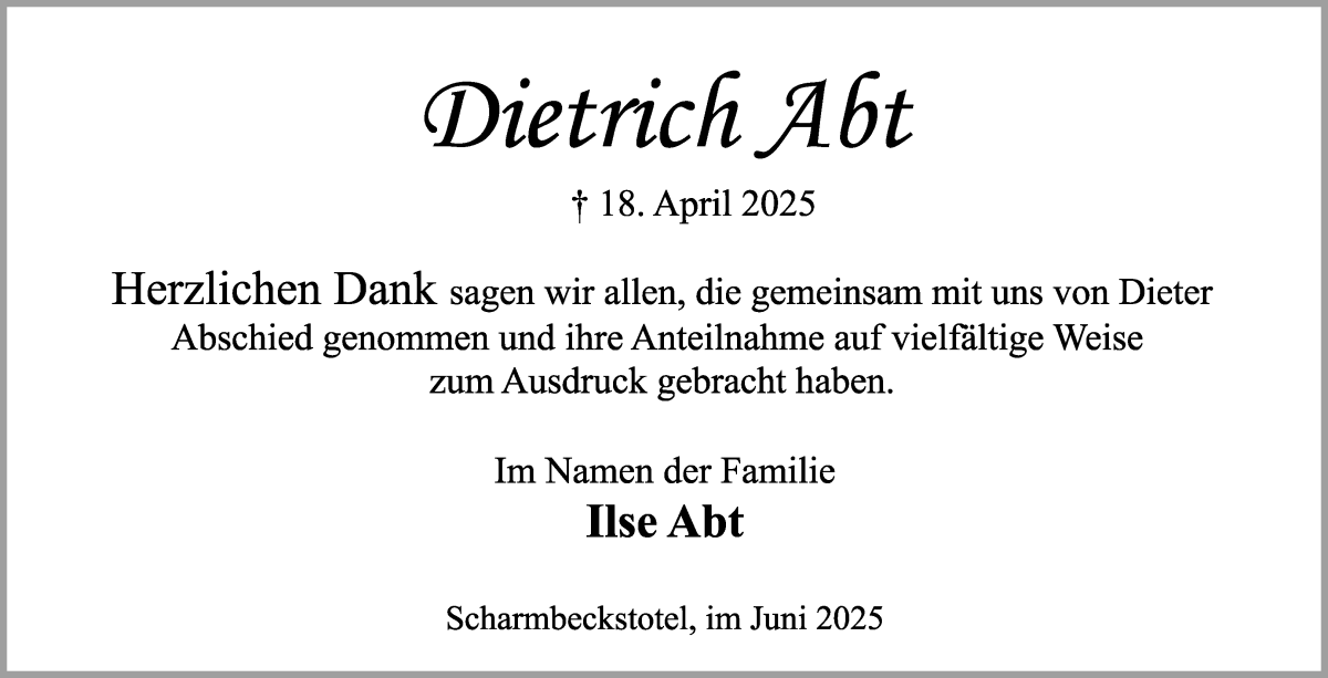 Traueranzeige von Dietrich Abt von Osterholzer Kreisblatt