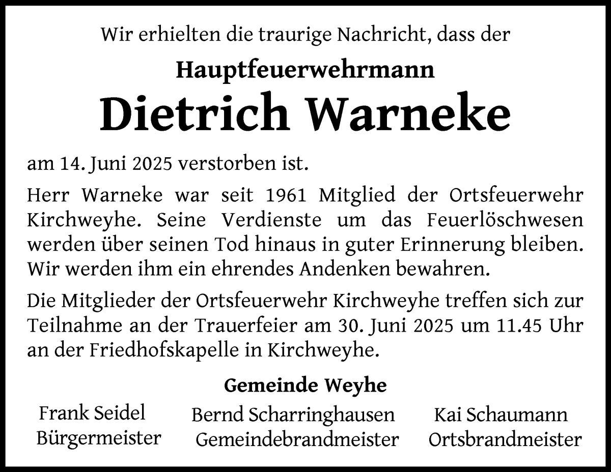 Traueranzeige von Dietrich Warneke von Regionale Rundschau/Syker Kurier