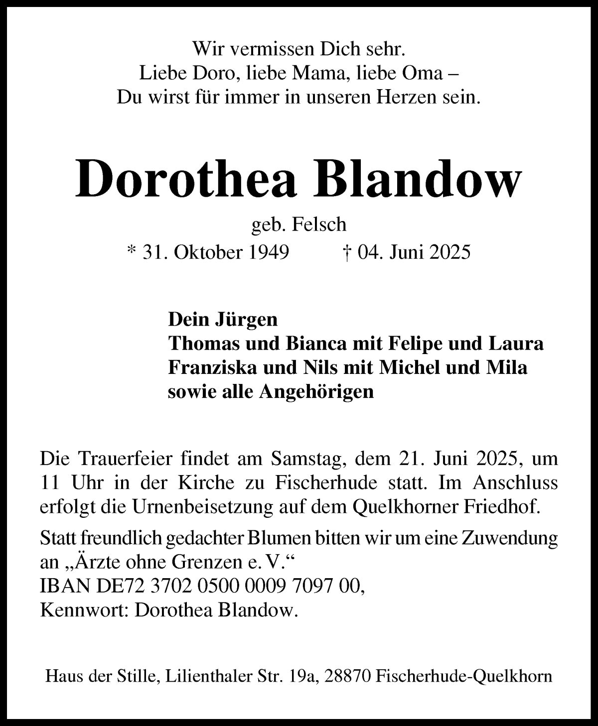 Traueranzeige von Dorothea Bladow von WESER-KURIER
