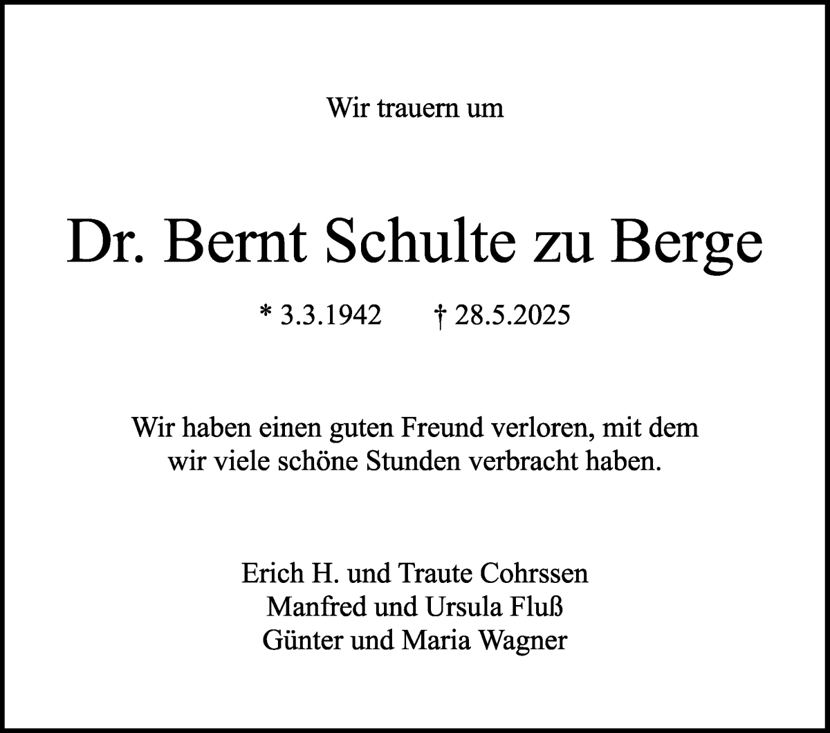 Traueranzeige von Dr. Bernt Schulte zu Berge von WESER-KURIER