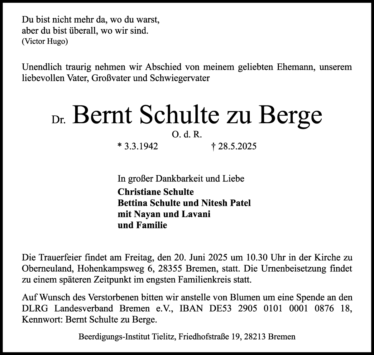 Traueranzeige von Dr. Bernt Schulte zu Berge von WESER-KURIER