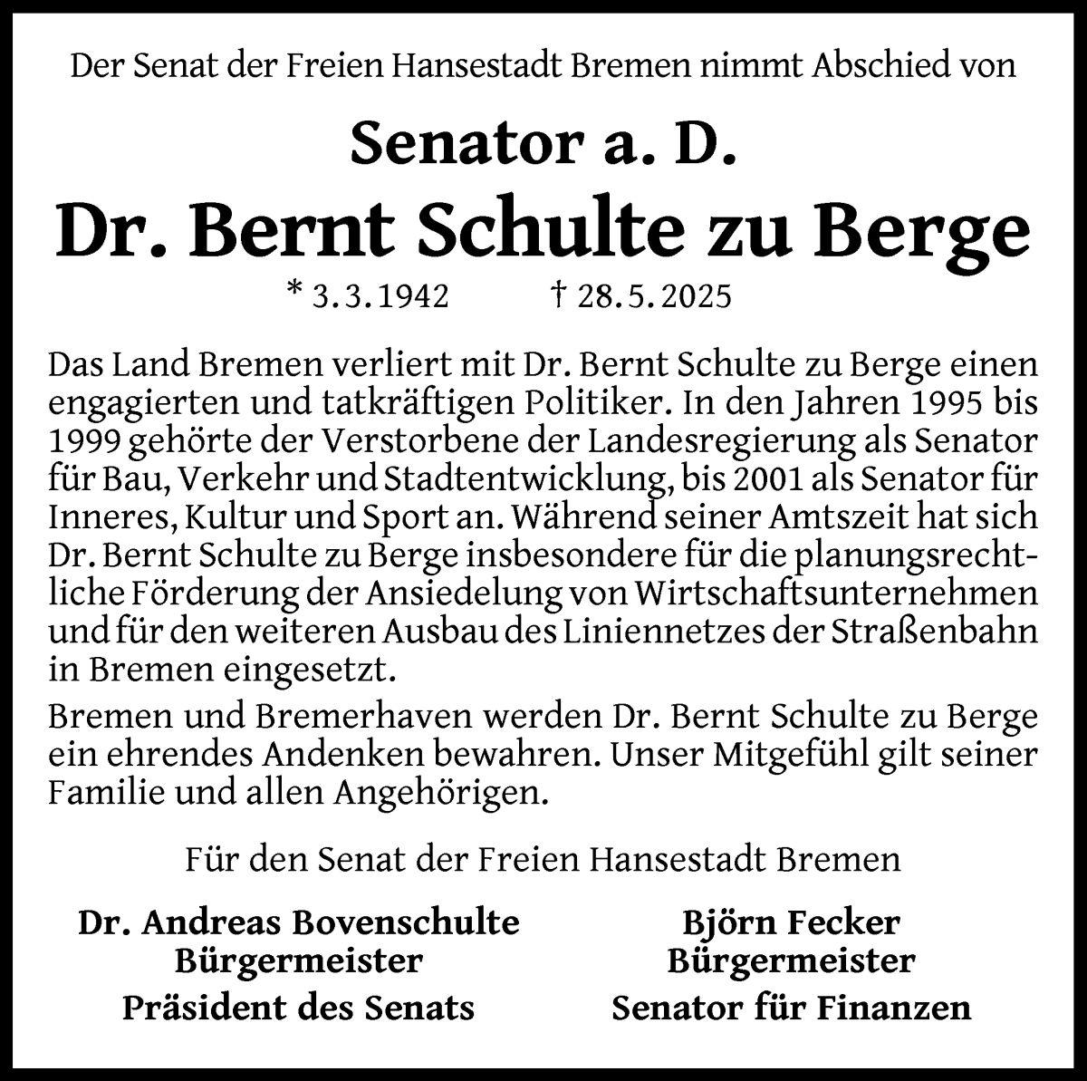 Traueranzeige von Dr. Bernt Schulte zu Berge von WESER-KURIER