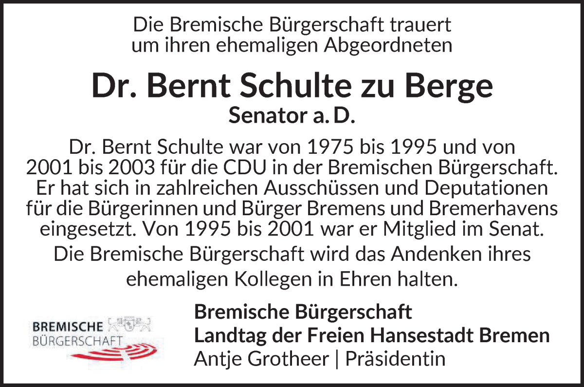 Traueranzeige von Dr. Bernt Schulte zu Berge von WESER-KURIER