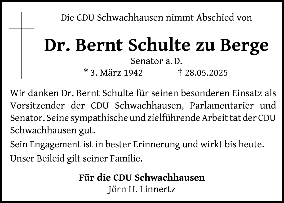 Traueranzeige von Dr. Bernt Schulte zu Berge von WESER-KURIER