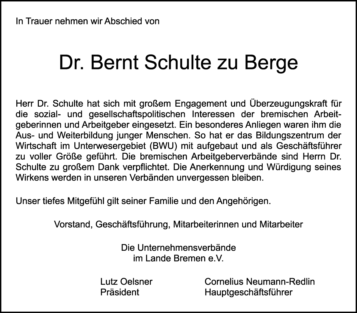 Traueranzeige von Dr. Bernt Schulte zu Berge von WESER-KURIER