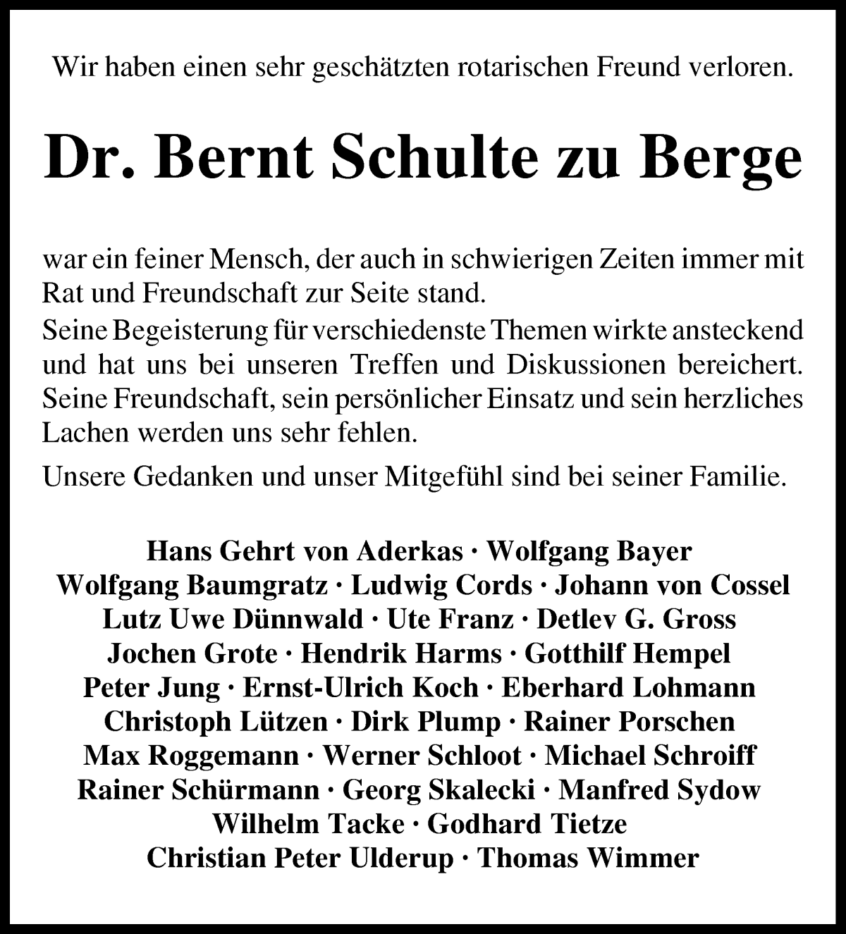 Traueranzeige von Dr. Bernt Schulte zu Berge von WESER-KURIER