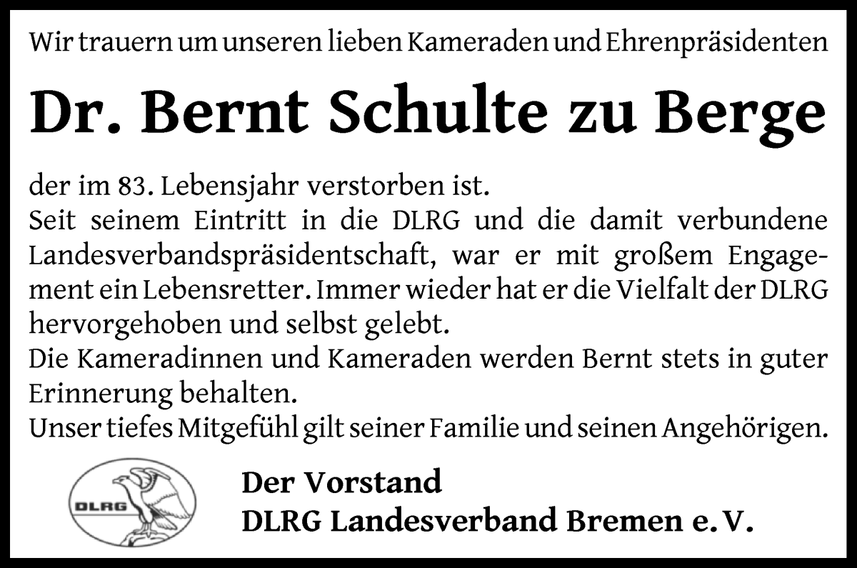 Traueranzeige von Dr. Bernt Schulte zu Berge von WESER-KURIER