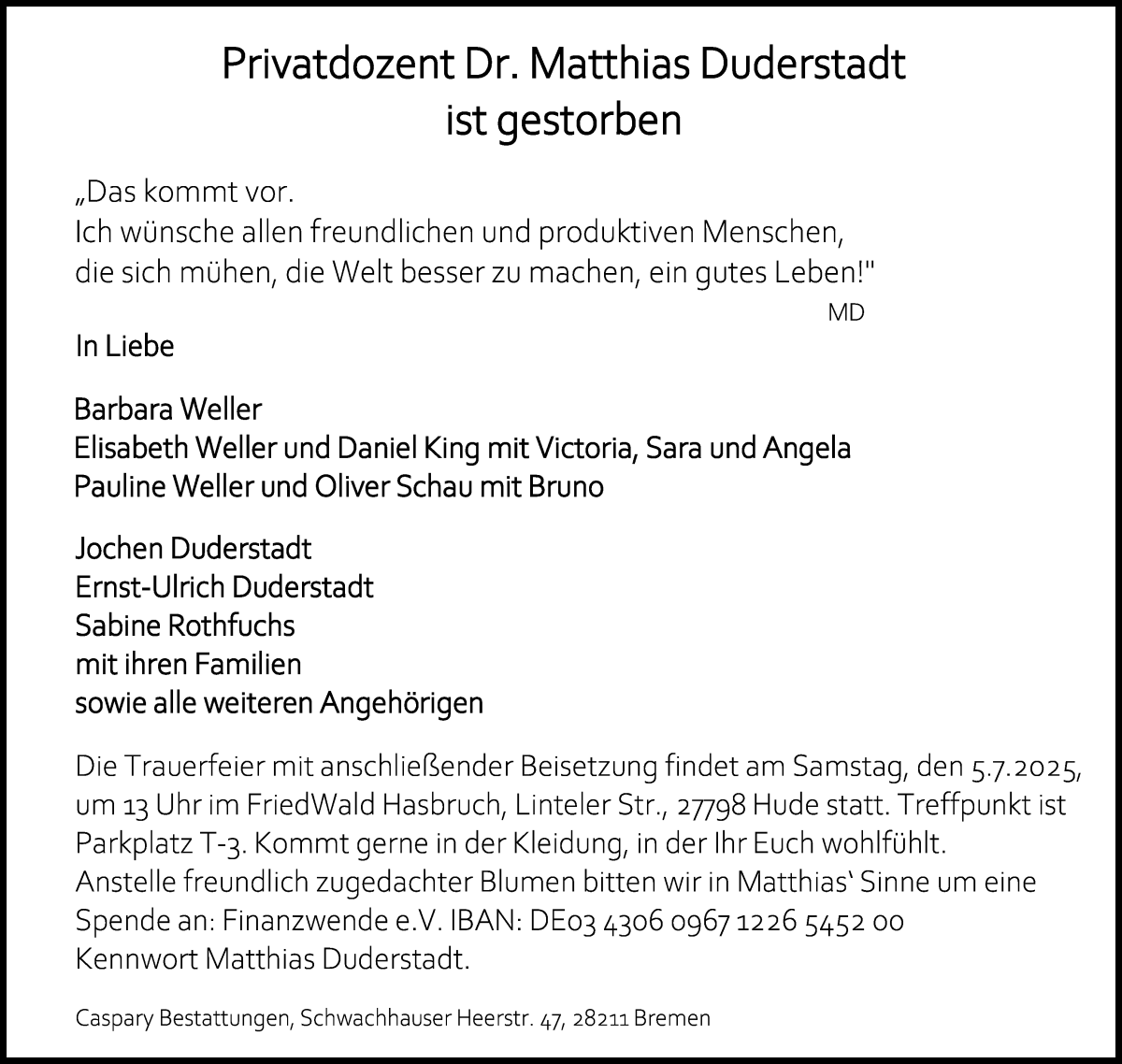 Traueranzeige von Dr. Matthias Duderstadt von WESER-KURIER