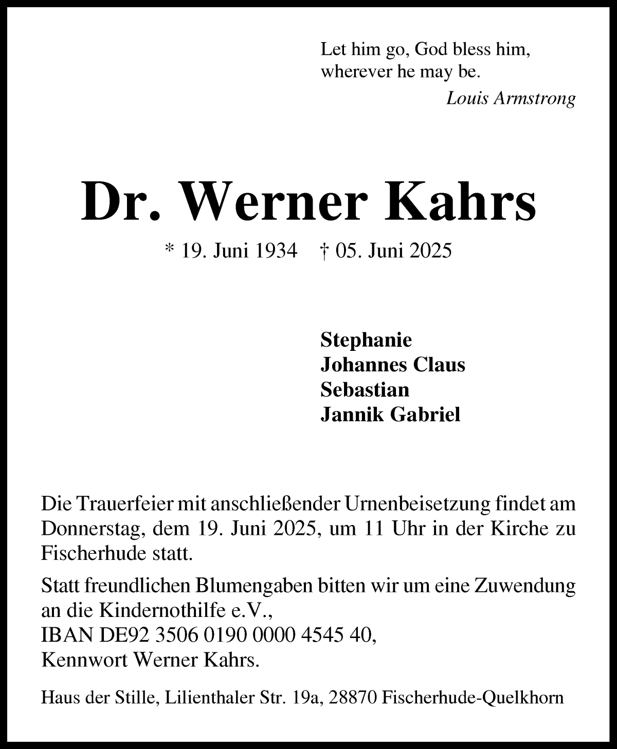 Traueranzeige von Dr. Werner Kahrs von WESER-KURIER