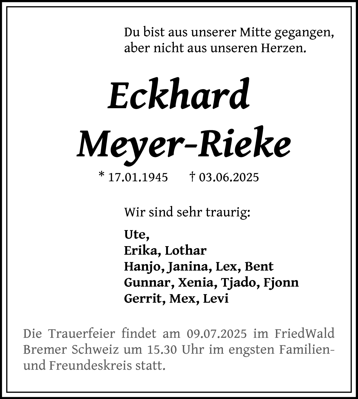 Traueranzeige von Eckhard Meyer-Rieke von Osterholzer Kreisblatt