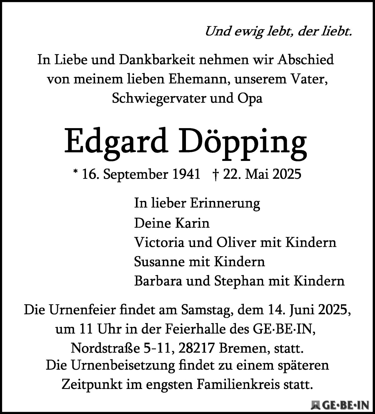 Traueranzeige von Edgard Döpping von WESER-KURIER
