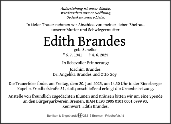 Traueranzeige von Edith Brandes von WESER-KURIER