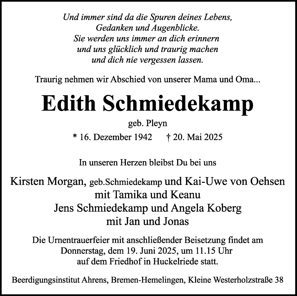 Traueranzeige von Edith Schmiedekamp von WESER-KURIER