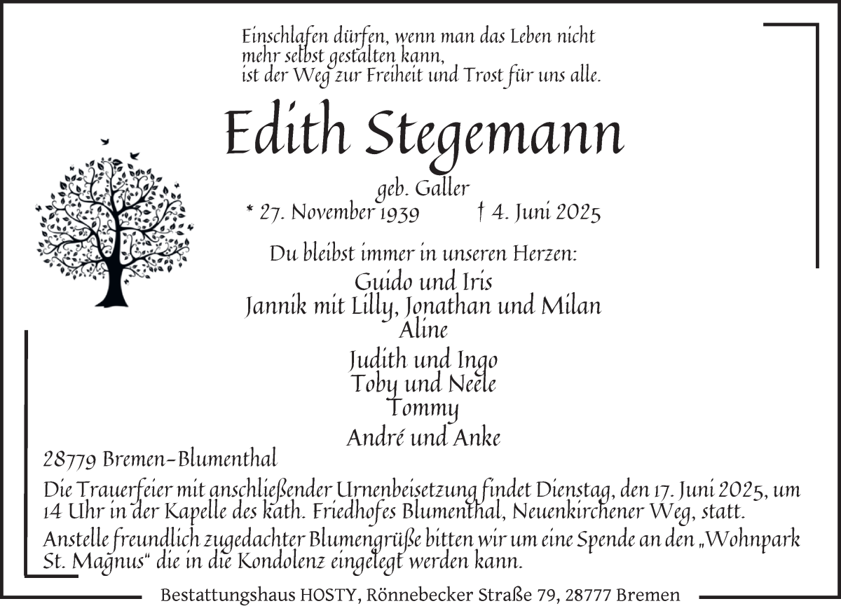 Traueranzeige von Edith Stegemann von Die Norddeutsche