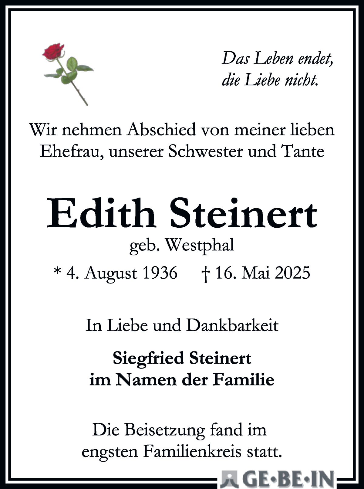 Traueranzeige von Edith Steinert von WESER-KURIER