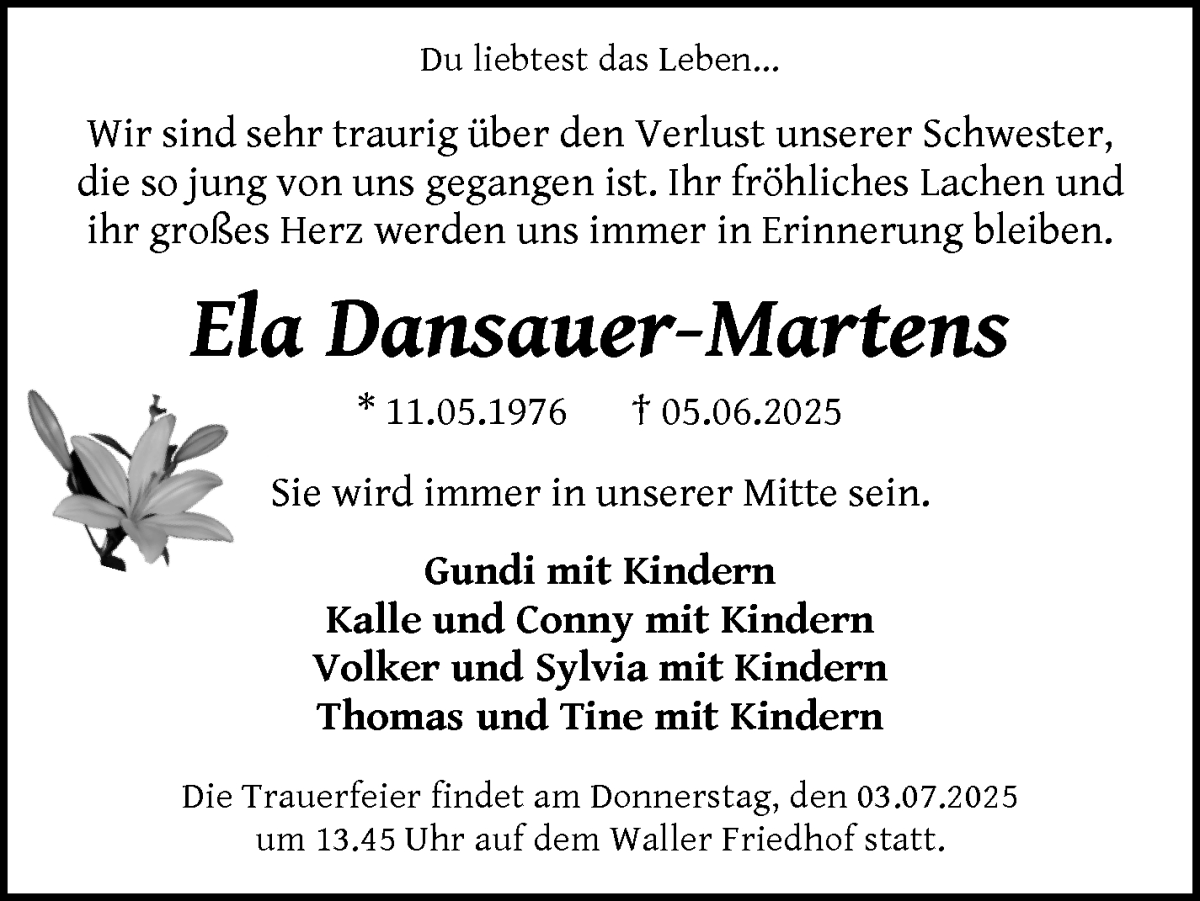 Traueranzeige von Ela Dansauer-Martens von WESER-KURIER