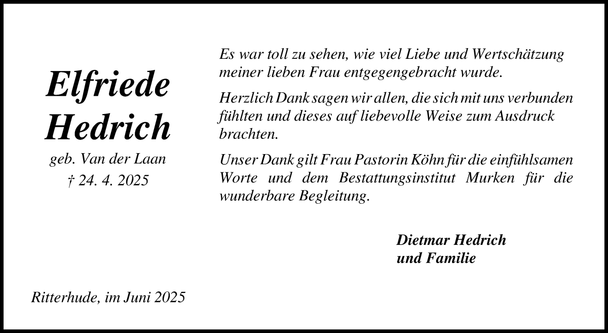 Traueranzeige von Elfriede Hedrich von Osterholzer Kreisblatt