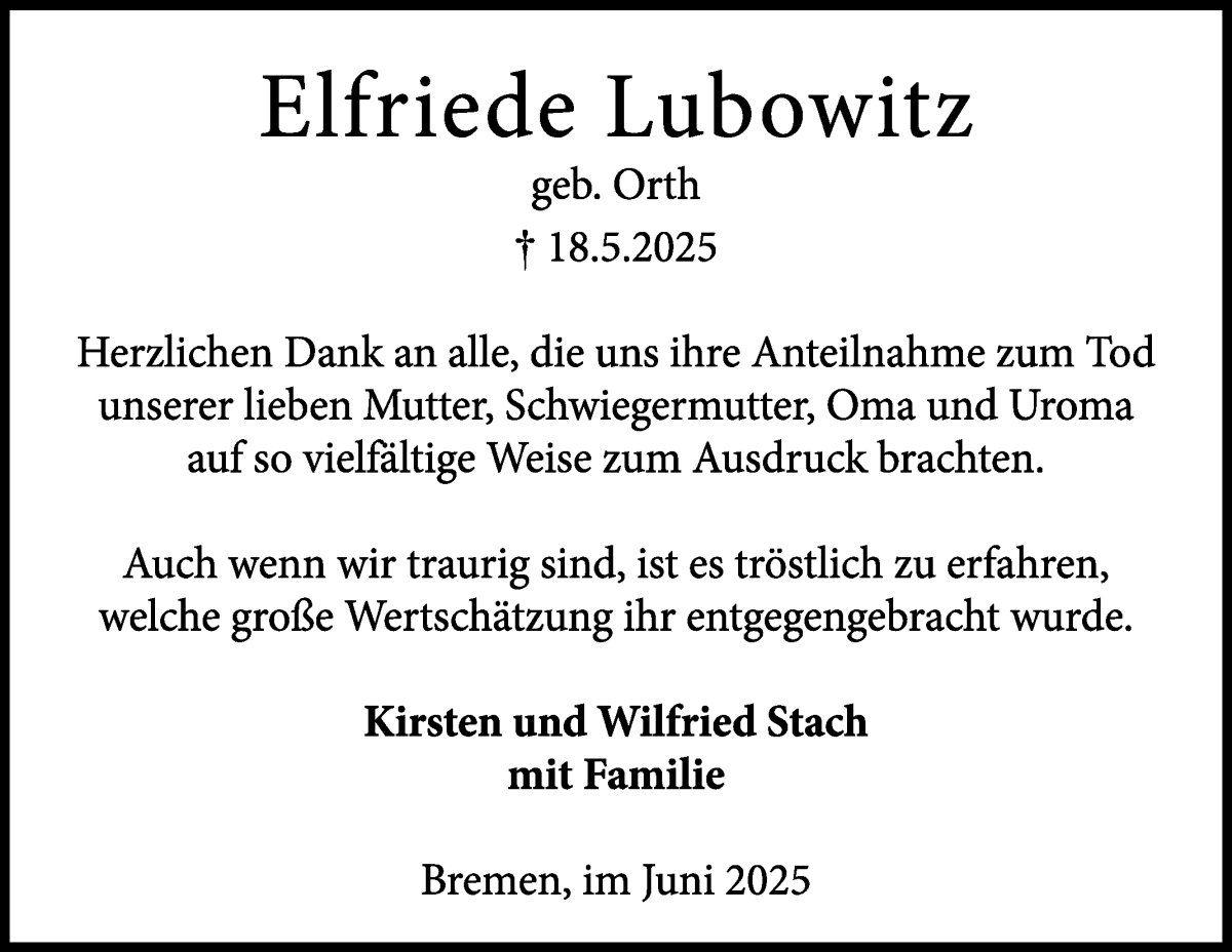 Traueranzeige von Elfriede Lubowitz von Die Norddeutsche