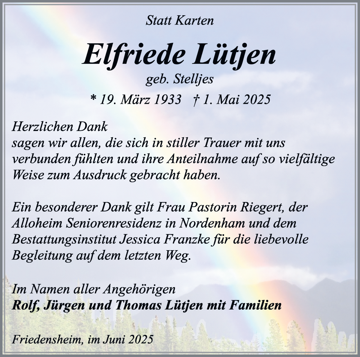 Traueranzeige von Elfriede Lütjen von Osterholzer Kreisblatt