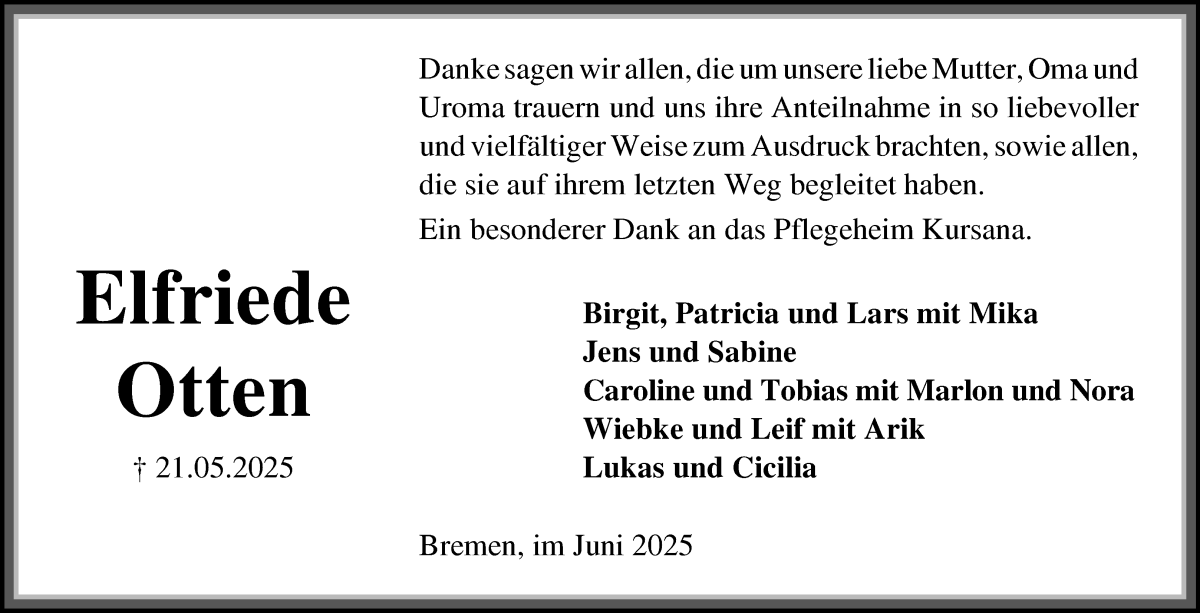 Traueranzeige von Elfriede Otten von Die Norddeutsche