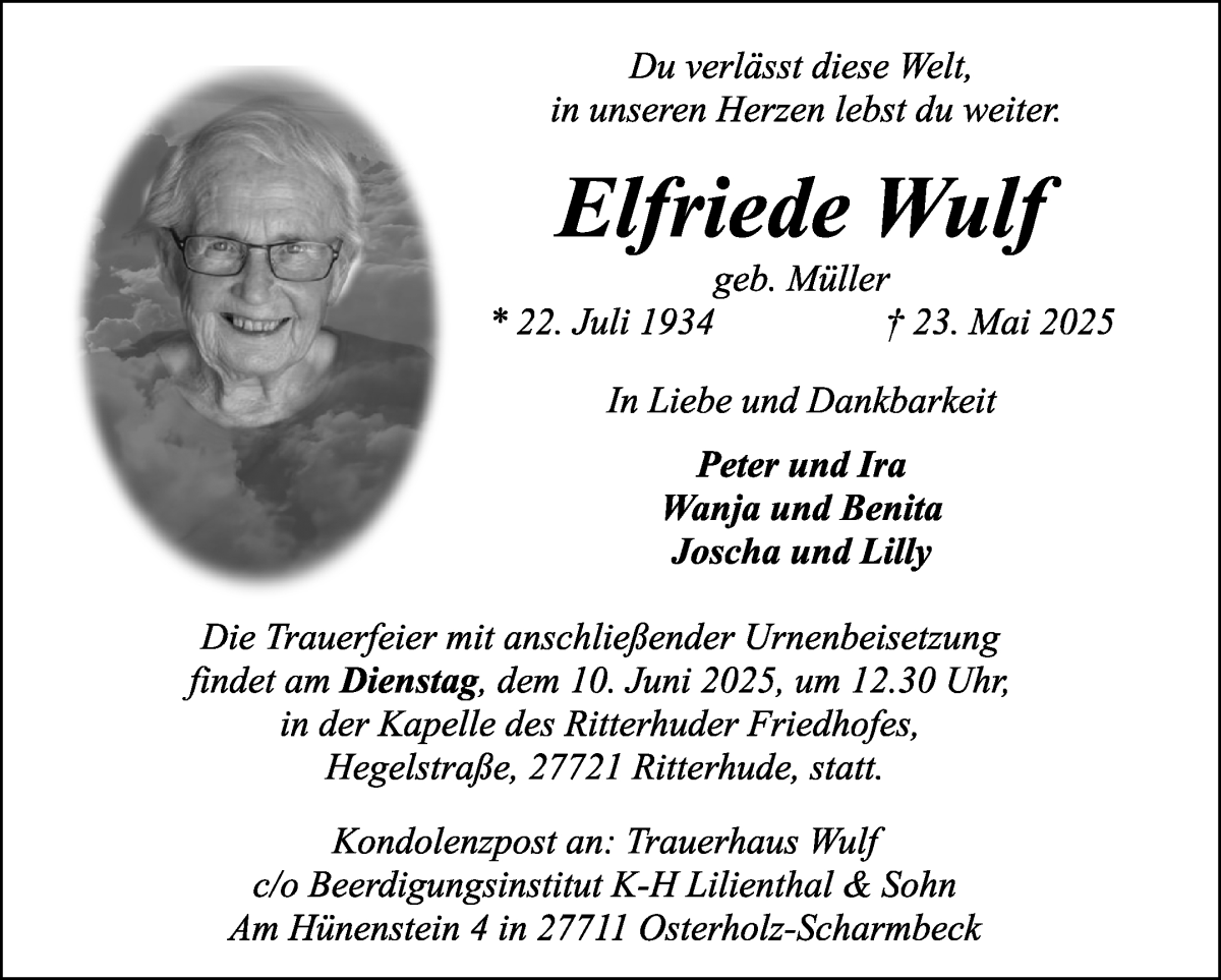 Traueranzeige von Elfriede Wulf von Osterholzer Kreisblatt