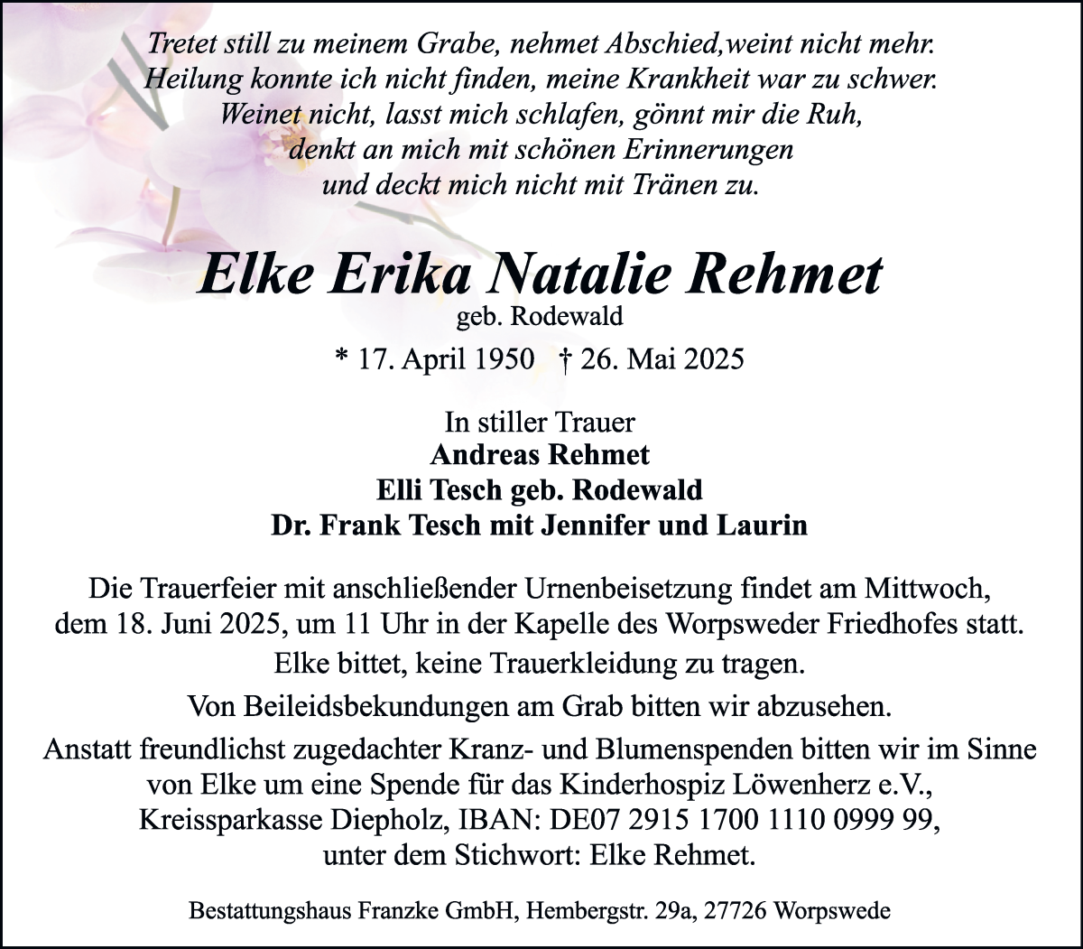 Traueranzeige von Elke Erika Natalie Rehmet von WESER-KURIER