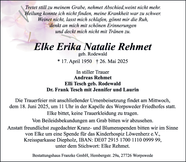 Traueranzeige von Elke Erika Natalie Rehmet von WESER-KURIER