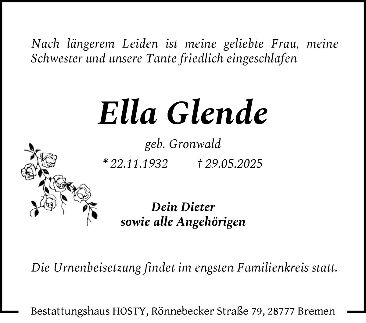 Traueranzeige von Ella Glende von Die Norddeutsche