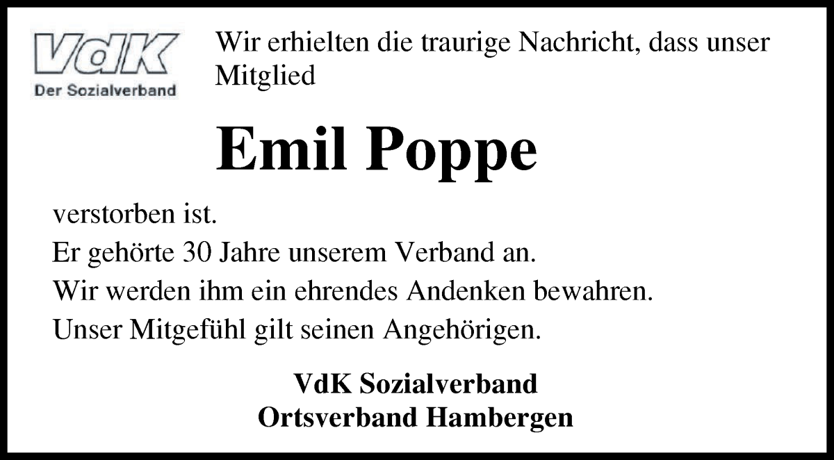 Traueranzeige von Emil Poppe von Osterholzer Kreisblatt
